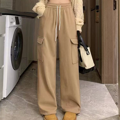 Winter Thick Fleece Women's Pants Casual Matching Cargo Pants Chic Sportswear Drawstring Straight Pants Lady's Trousers Pocket