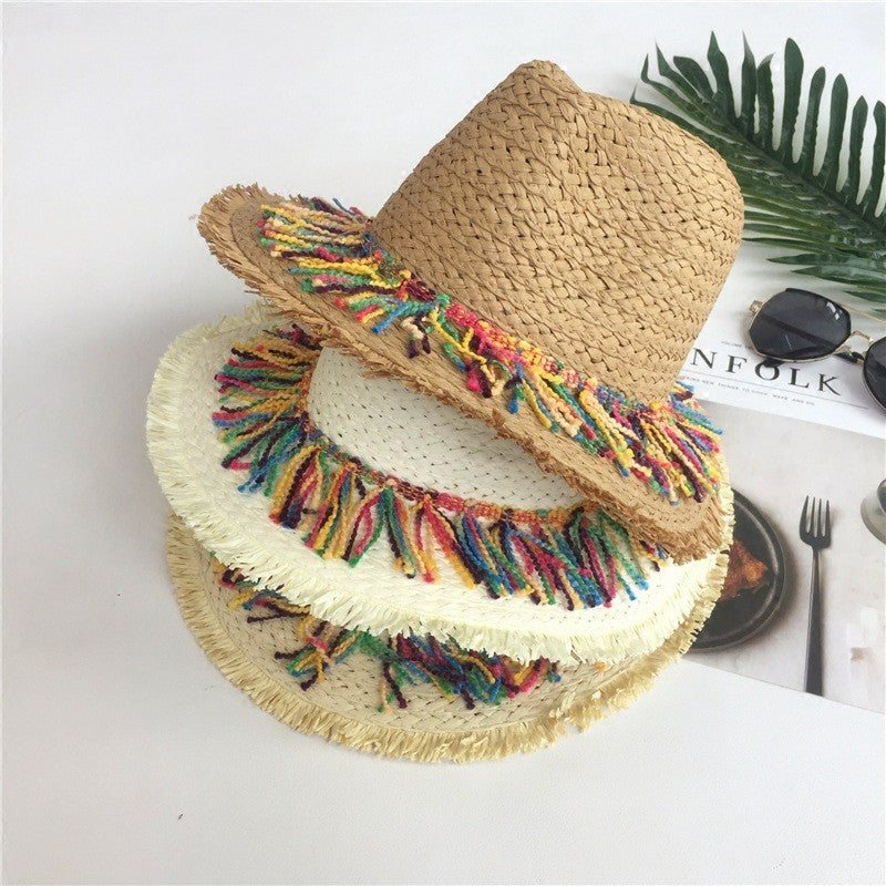 2024 Chapéu de Palha Decorado com Fita de Borla Colorida, Chapéu de Sol com Proteção, Chapéu de Praia Feminino Moderno, Boné Jazz de Verão para Mulher