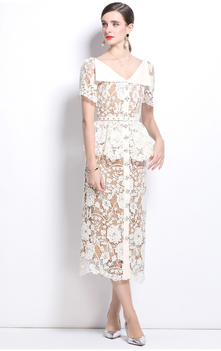 Quality Summer Beaded Diamonds Embroidery Beige White Lace Evening Dress Women S