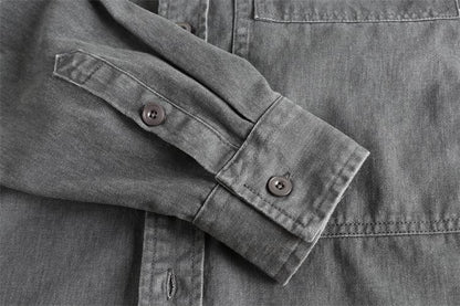 Autumn New Japanese Retro Woven Twill Cargo Shirt Men's Amekaji 100% Cotton Washed Long Sleeve Double Pocket Casual Thin Coat
