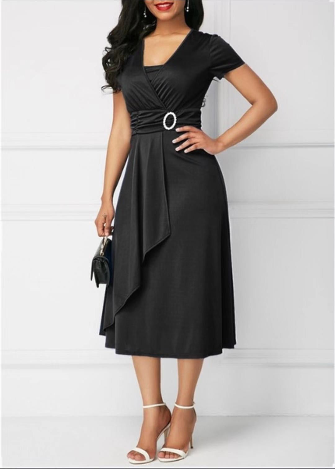 Summer Dresses Elegant Women Solid Color Short Sleeve V Neck Asymmetric Hem Wais