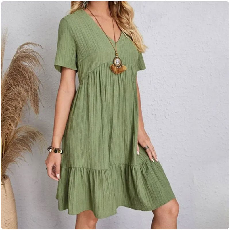 Women Summer Peplum Dresses Spring V-Neck Short Sleeve Loose Waist Ruffle Fit Fl