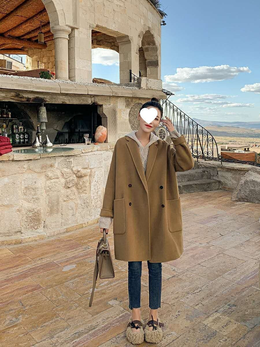 Plus Size Double-Sided Woolen Jacket Women's Midi Length Single-Breasted Loose Fit Fashionable Korean Style Suit Collar Macar...