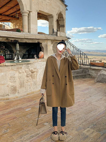 Plus Size Double-Sided Woolen Jacket Women's Midi Length Single-Breasted Loose Fit Fashionable Korean Style Suit Collar Macar...