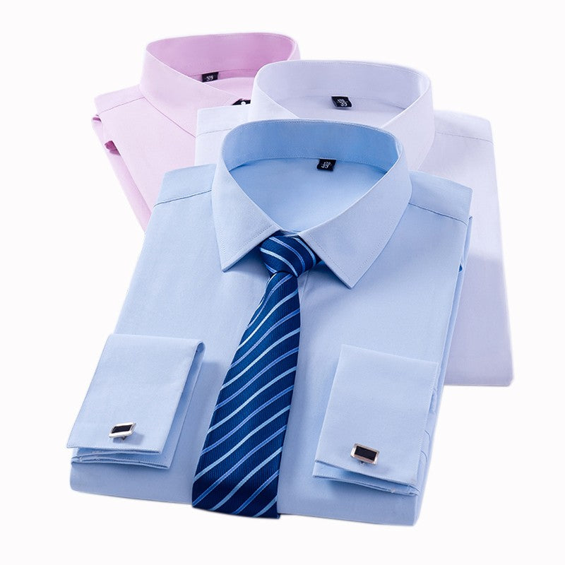 Men's Classic French Cuff Dress Shirt Covered Placket Long Sleeve Tuxedo Male Shirts with Cufflinks No Pocket Office Work White