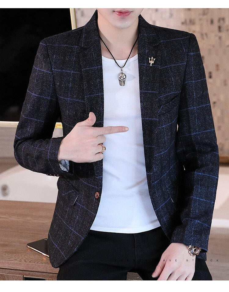 Men's casual plaid suit jacket, fashionable and versatile slim-fitting top, stylish plaid suit