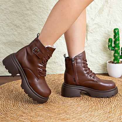 Brown Retro  Boots For Women British Style2025Autumn And Winter New Thick-Soled Height-Increasing Short Boots With