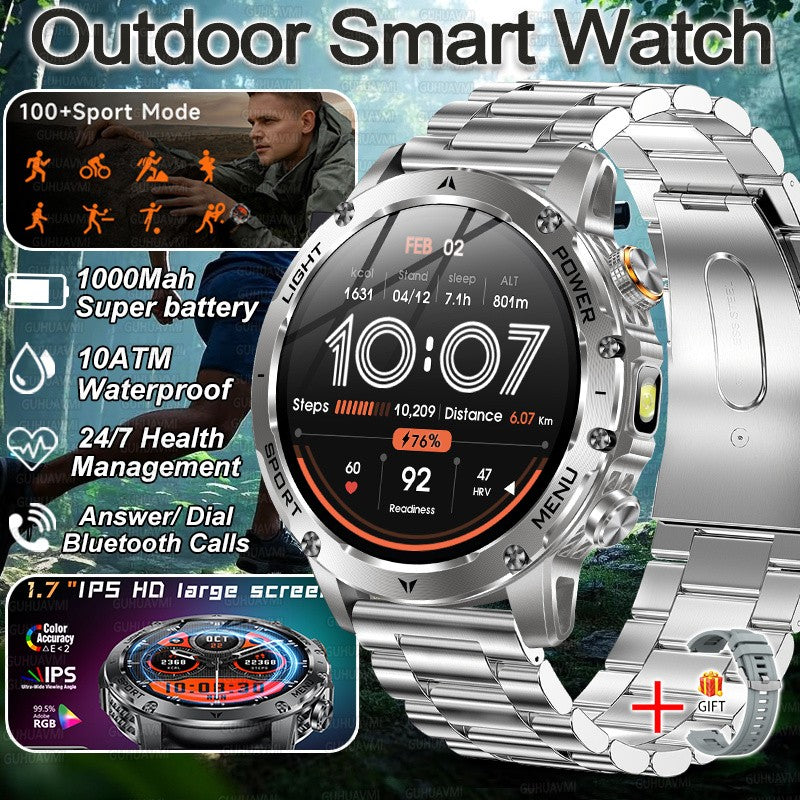 Smartwatch Militar Novo 2025 Bateria 1000mAh Monitoramento Fitness 10ATM À Prova D'Água Táticas Esportivas Lanterna Pulseira para Chamadas Masculino