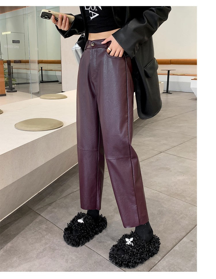 Autumn Winter PU Leather Vintage Women's Ankle Length Pants 2024 New High Waist Zipper Black Straight Pants Female Pockets