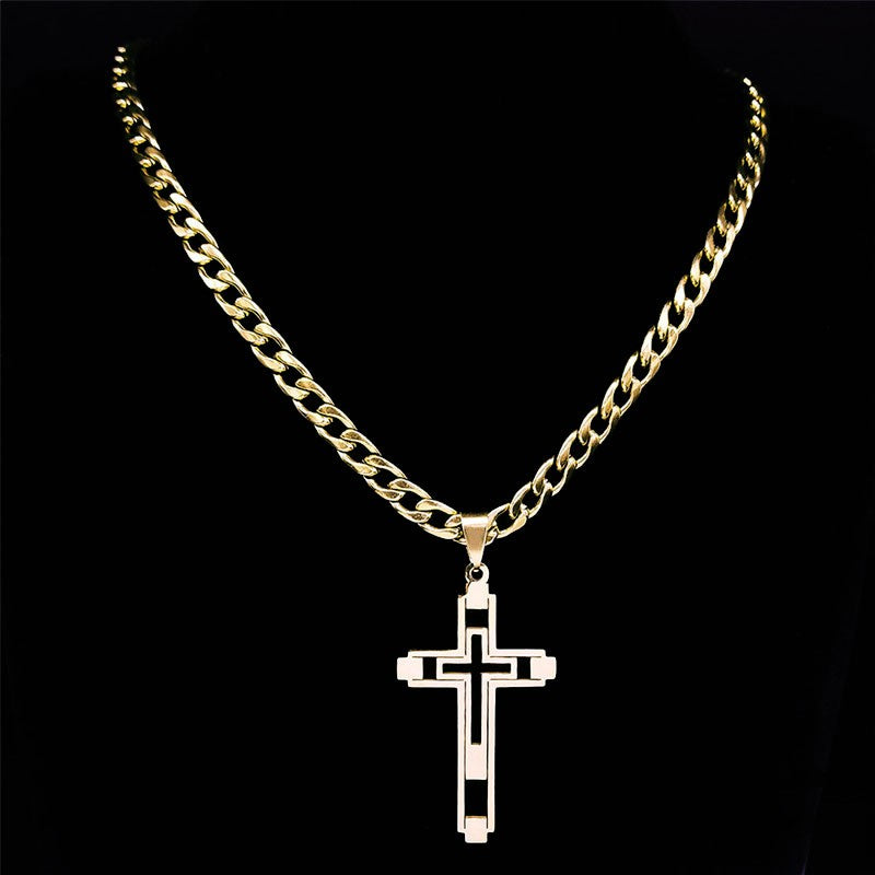 Colares de Aço Inoxidável Cruz Hip Hop 2023 Cor Dourada Colar Longo Pingente para Mulheres/Homens Joias collier homme N6055S05