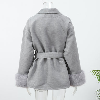 Casacos Curtos de Lã Elegantes com Cadarço Sólido Lapela Solta Cinto Peludo Manga Longa Jaqueta Feminina 2025 Outono Inverno Lady Chique Cardigãs