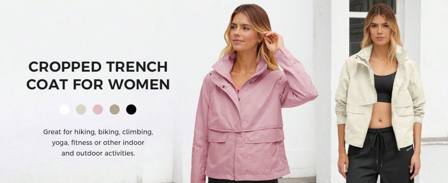 Fisoew Womens Cropped Jacket Zip Up Lightweight Hooded Trench Coat Active Outdoor Windbreaker Raincoat with Pockets