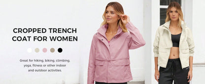 Fisoew Womens Cropped Jacket Zip Up Lightweight Hooded Trench Coat Active Outdoor Windbreaker Raincoat with Pockets