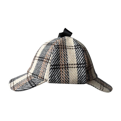 Unisex British-Style Sherlock Holmes Deerstalker Hat for Fall Winter Wool Blend Plaid Double Brim Ear-Warming, Trendy Detective