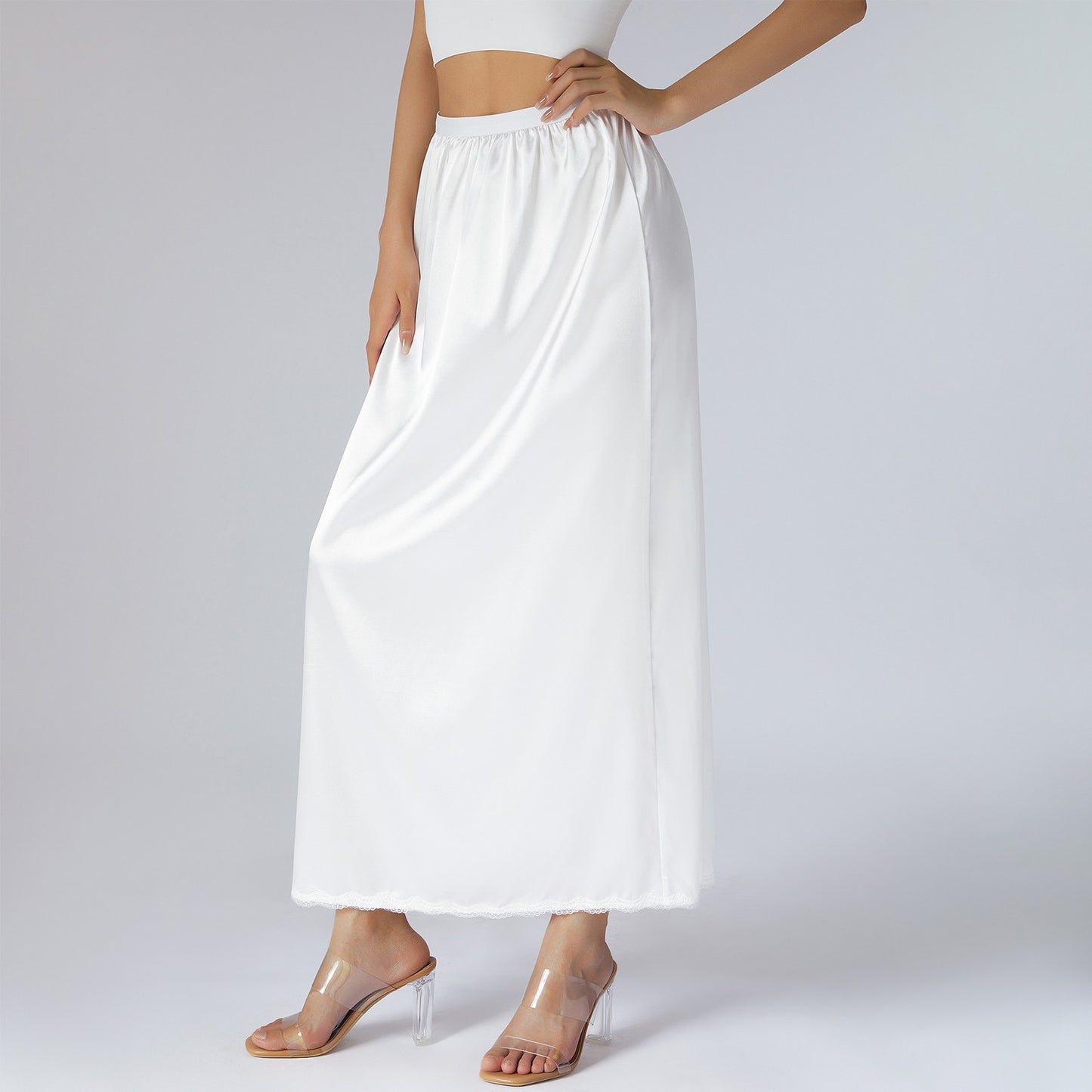 Elastic Waist Inner Lining Midi Skirt Women Solid Color Satin Half Slip Underskirt Long Underskirt for Ladies White/Black/Yellow