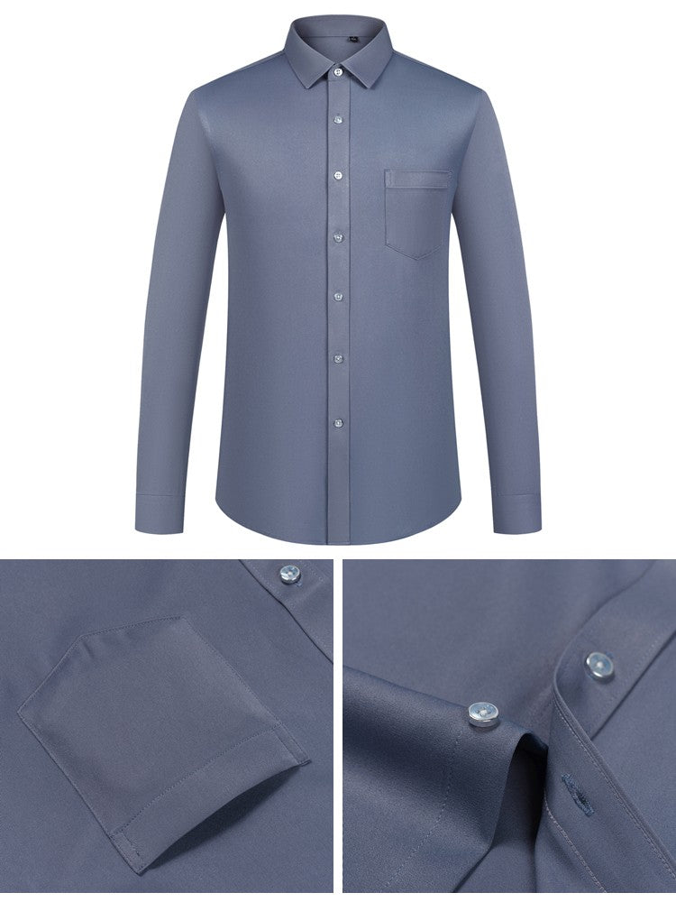 Men's Sleek Stretch Long Sleeve Button Up Shirts with Chest Pocket, Solid Color Formal Business Wrinkle Free Menswear Clothing