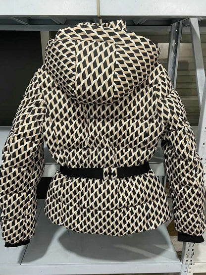 Women's Winter Hooded High Waist Padded Sport Parkas Coats with Belt Female Elegant Thick Warm Pockets Windproof Skiing Jackets