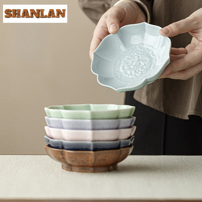Creative Lotus Pattern Fruit Plate Zen Ceramic Snack Plate Retro Fruit Dishes Boutique Pastry Plate Hospitality Dishes Crafts