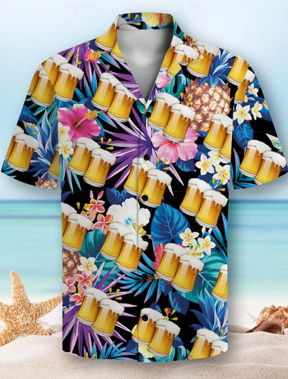 Beer Pattern 3D Print Men's Short Sleeve Party Daily Holiday  Button Down Lapel Shirt For Summer Resort Holiday, Hawaiian Style