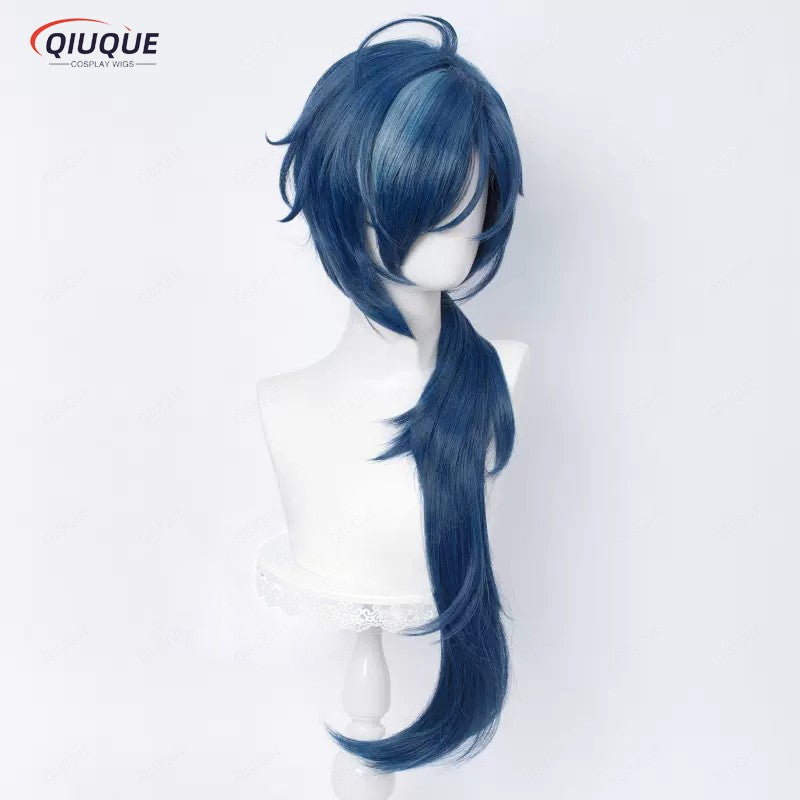High Quality Game Impact Kaeya Cosplay Wig 80cm Long Ink Blue Heat Resistant Synthetic Hair Anime Cosplay Wigs + Wig Cap