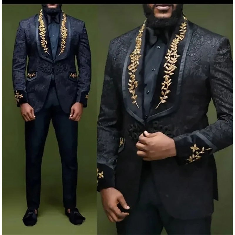 Elegant Black Blazer Formal Men's Suits Jacquard Fabric Shawl Lapel Single Breasted Luxury Male Clothing 1 Piece Jacket Costume