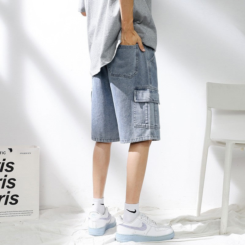Denim shorts men's 2025 summer new light colored personalized hanging rope loose casual denim five quarter pants men's pants