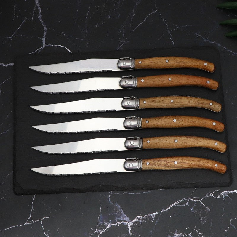 Wood Handle Laguiole Steak Knives Set Sharp Serrated Blade Dinner Knife Cutlery Stainless Steel Table Knives Kitchen 6/8/12pcs