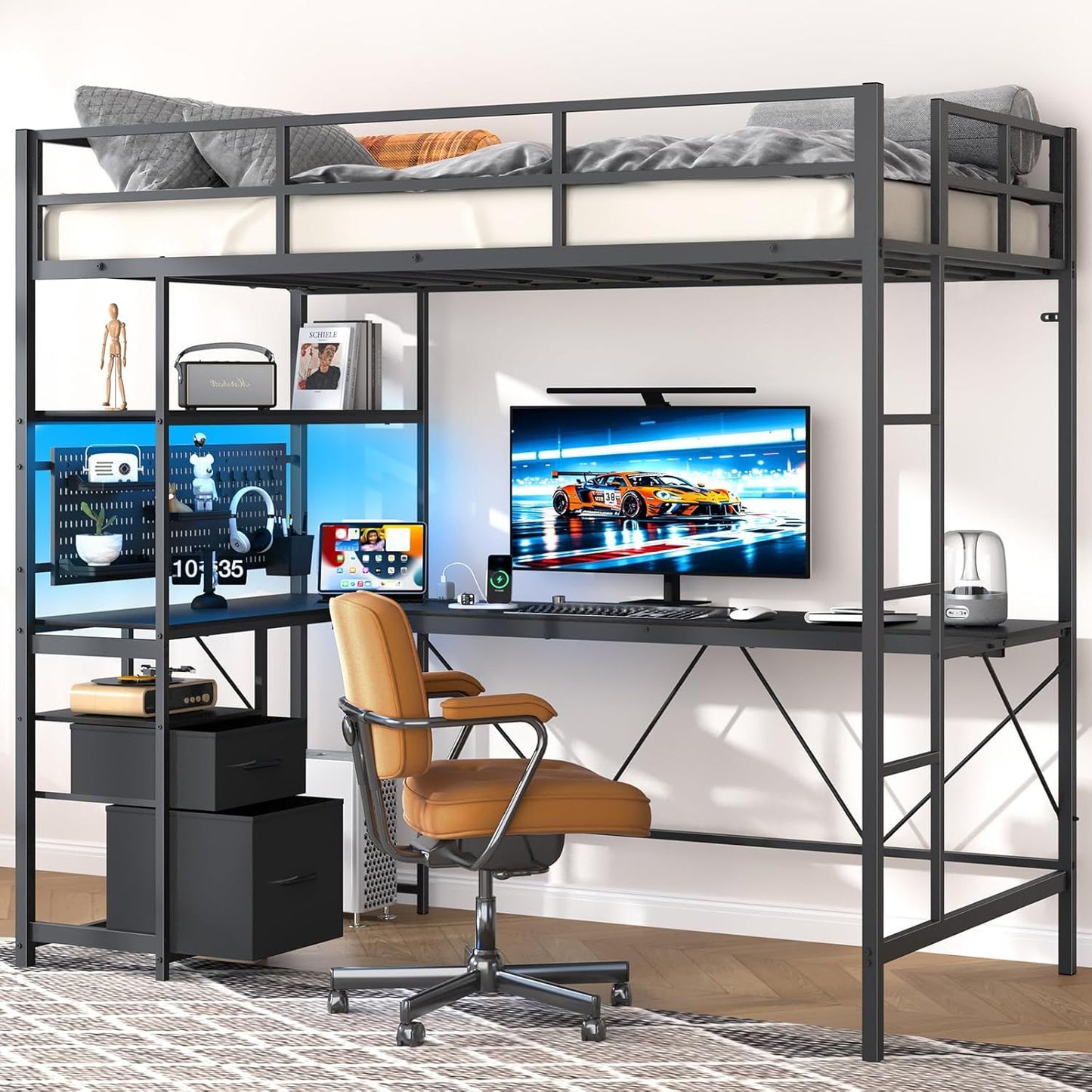 Yoobure Loft Bed Twin Size with L-Shaped Desk, LED Lights Charging Station LED Metal Twin Loft Bed Frame with 2 Storage Drawers