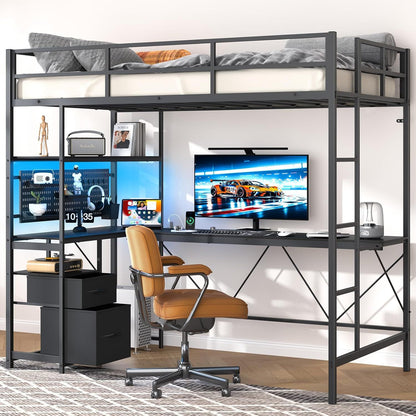 Yoobure Loft Bed Twin Size with L-Shaped Desk, LED Lights Charging Station LED Metal Twin Loft Bed Frame with 2 Storage Drawers