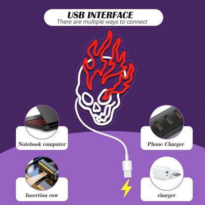 Paredes de Neon Chama de Crânio Decoradas com LEDs de Halloween Reguláveis, Alimentadas por USB, Decorações de Festa de Halloween para Caverna Masculina, Bar, Clube, Sala de Jogos