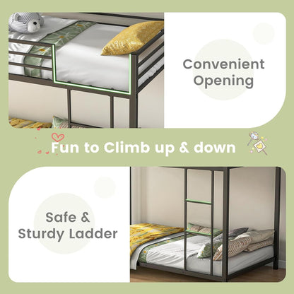 Metal Bunk Bed Twin Over Twin, Low Profile Bunk Bed Frame with Ladder & Full Length Guardrail, Space-Saving Twin Size Be