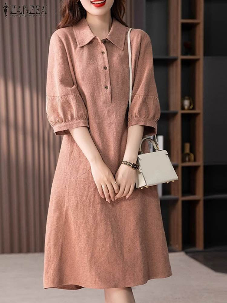 ZANZEA Women Cotton Shirt Dress 2024 Summer Lapel Neck Dresses Korean Office 3/4