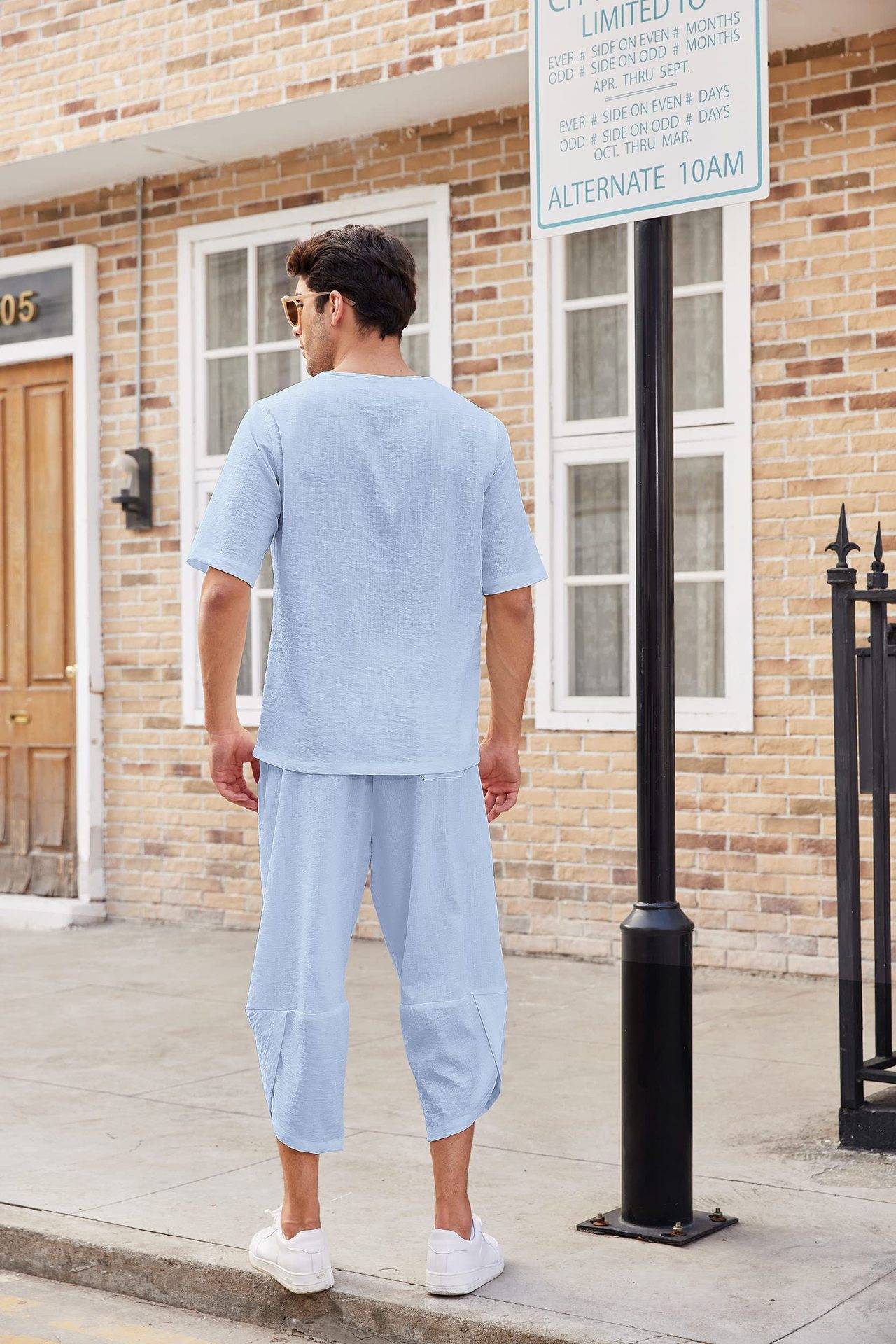 Summer Cotton Linen Shirt Set Men's Casual Outdoor 2-Piece Suit Andhome Clothes Pajamas Comfy Breathable Beach Short Sleeve Sets