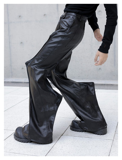 Mauroicardi Autumn Long Black Waterproof Hard Pu Leather Flare Pants Men Cool Luxury Designer Clothes Streetwear Runway Fashion