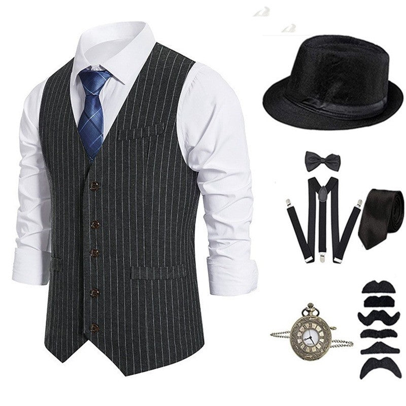 Mens 1920s Costume Mafia Gangster Carnival Costume Peaky Blinders, 20 Piece Accessory Set with Vest and Suspenders Pocket Watch