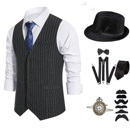 Mens 1920s Costume Mafia Gangster Carnival Costume Peaky Blinders, 20 Piece Accessory Set with Vest and Suspenders Pocket Watch