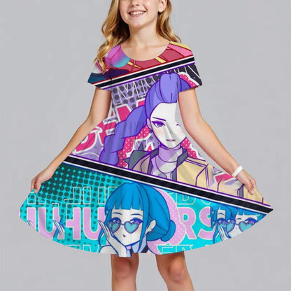 Summer Fashion Polyester Lightweight Cartoon Cute Huntrix Kpop Demon Hunters Printed Girl's Dress Short Sleeved Princess Dress