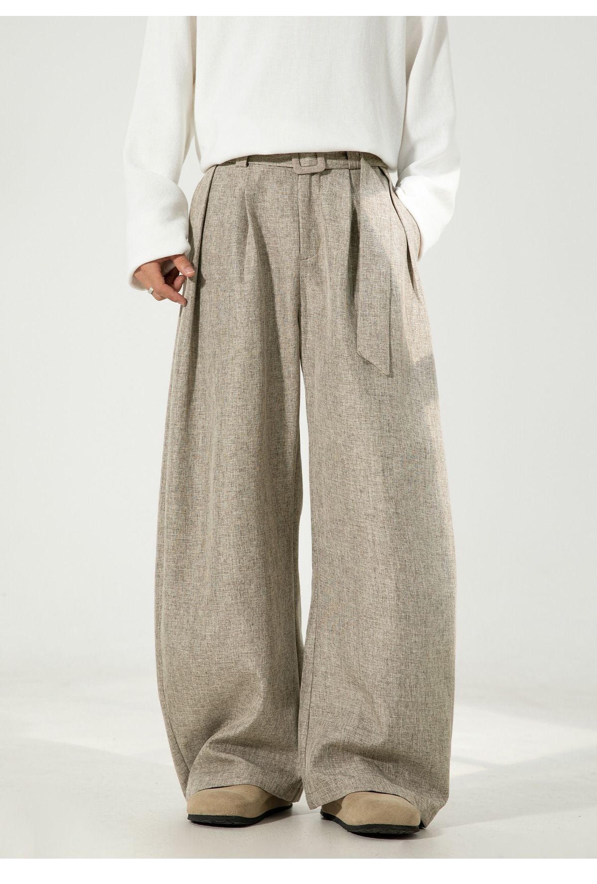 Men's Pleated Drape Curved-Leg Trousers Loose-Fit Straight-Leg Pants Retro-Style Belted Casual Pants