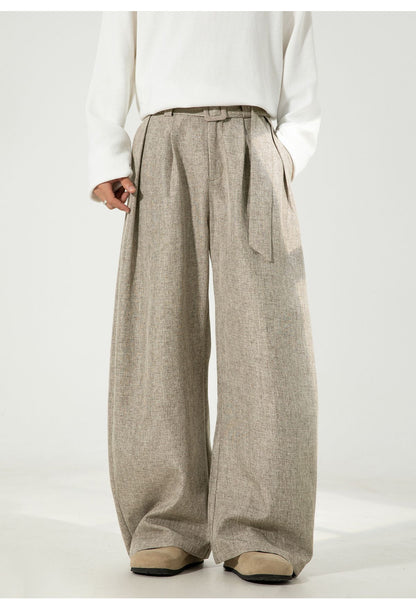 Men's Pleated Drape Curved-Leg Trousers Loose-Fit Straight-Leg Pants Retro-Style Belted Casual Pants