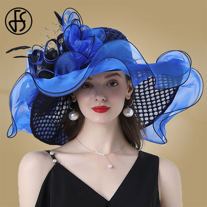 FS Mulheres Organza Vermelha Chapéus Casamento Fascinadores Elegante Grande Aba Larga Fedora Kentucky Derby Chapéus Festa Formal Igreja Chapéu Feminino