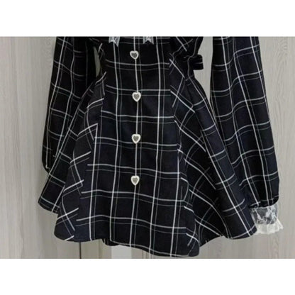Harajuku Sweet Bow Black Plaid Dresses All-match Slim Fit Kawaii Lolita Dress fo