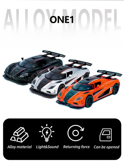 1:32 Escala ONE1 Miniatura Carro Esportivo Modelo Brinquedos Liga Fundida 4 Portas Abertas com Veículos de Corrida de Fricção para Crianças Presentes
