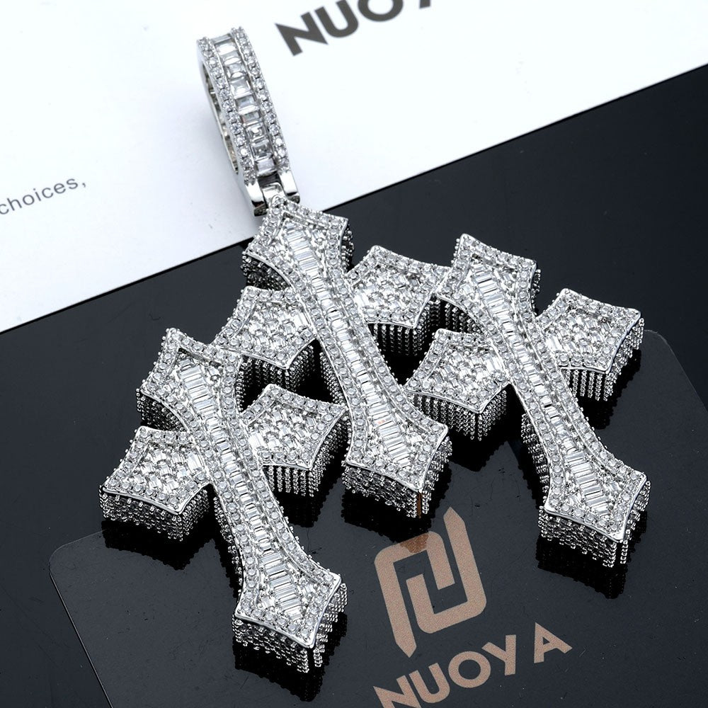 High Quality 3Inch Mens Hip Hop Cross Pendant New Release Iced out Triple Cross with Stone Charm Necklace Made Brass