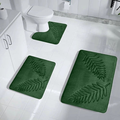 Conjunto de 3 Peças de Tapetes de Banheiro em Espuma de Memória, Ultramacios e Absorventes, com Estampa de Folhas, Tapetes de Banho Grossos e Laváveis Para Vaso Sanitário e Banheira