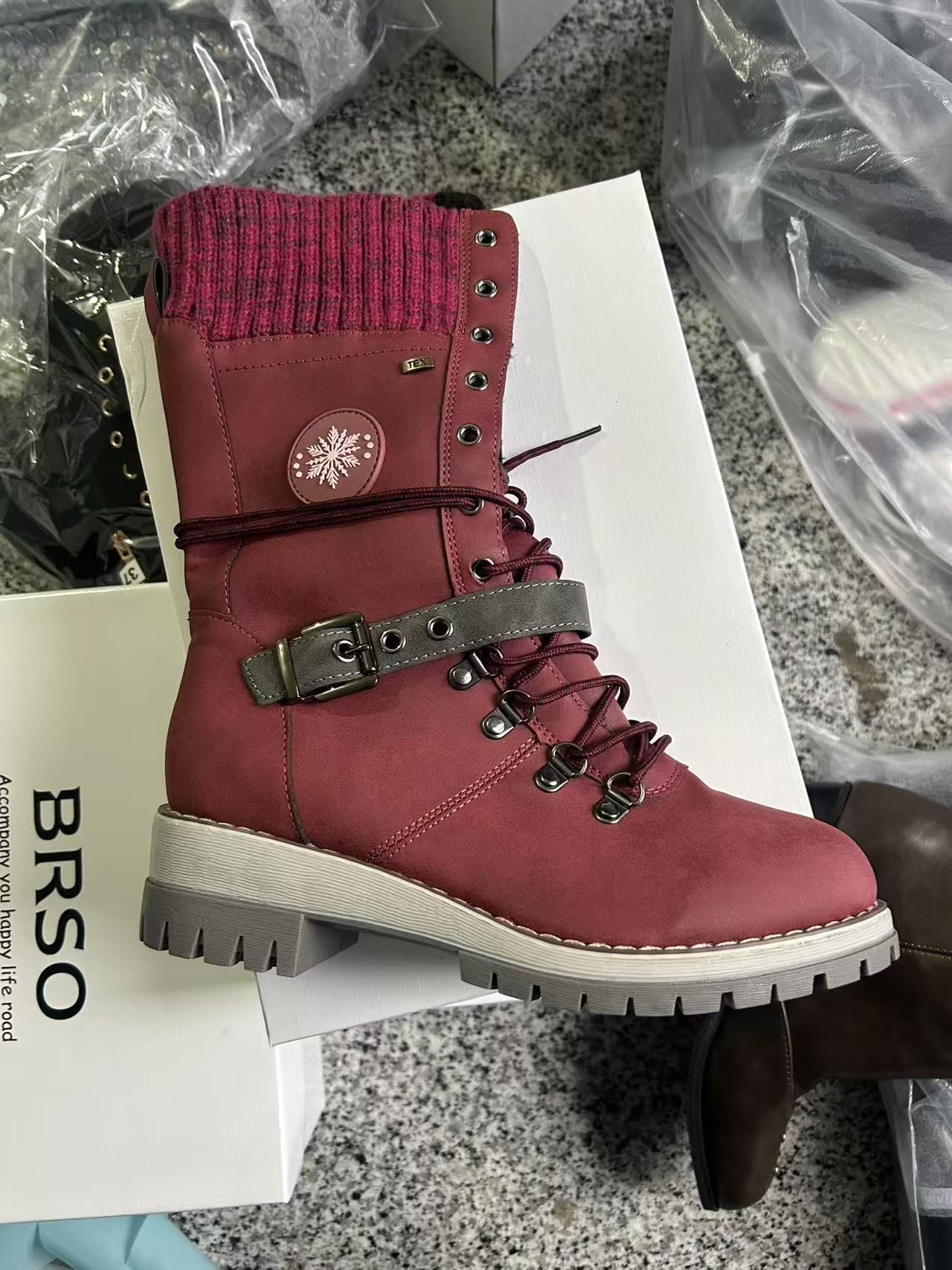 2025 Women Winter Buckle Lace Knitted Mid-calf Boots Low Heel Round Toe Boots Top Quality Winter Warm Boots Women Botas De Mujer