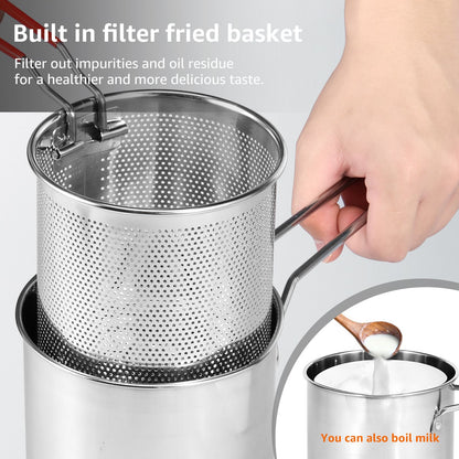 Deep Fryer with Strainer Basket and Handle Stainless Steel Fry Pot Food Grade Outdoor Fryer with Lid Portable Food Cooking Pot