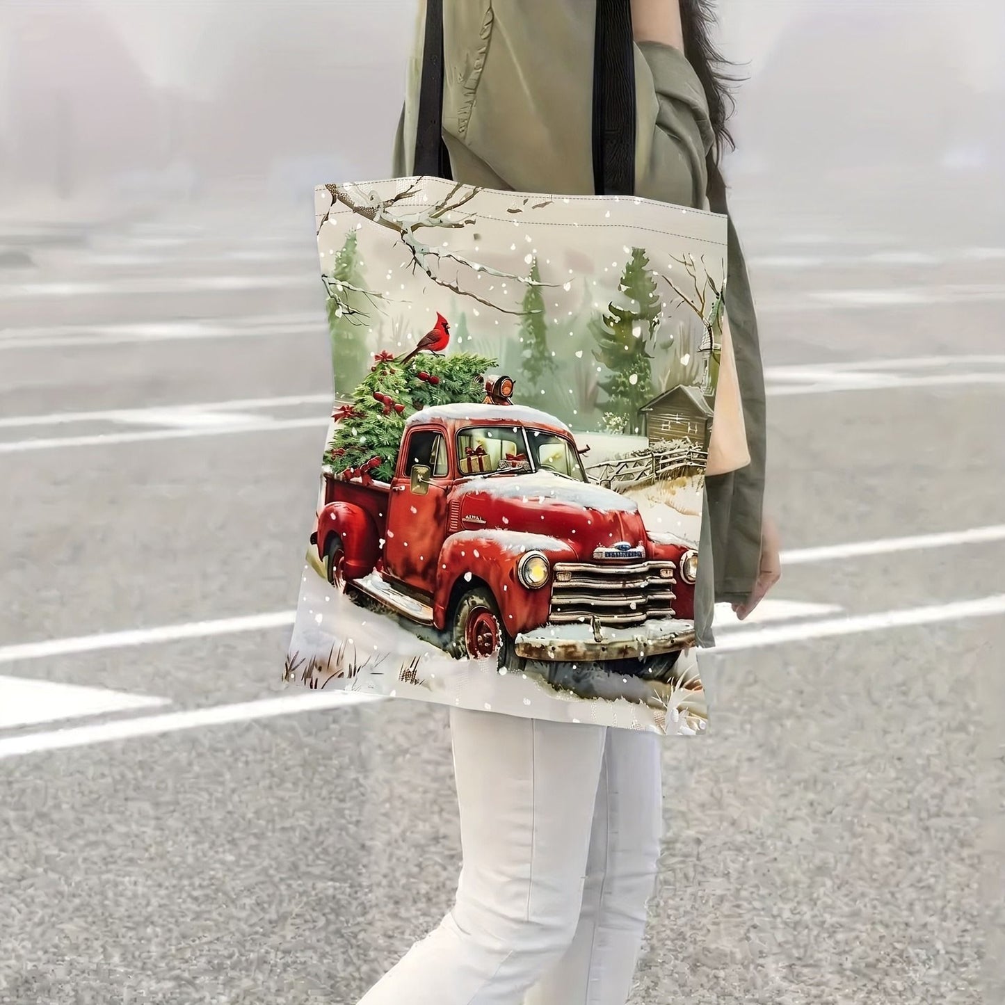 Christmas Themed Polyester Tote Bag Two Gnomes Design, Durable Shoulder Bag for Shopping Shoulder Bag Festive Handbag Casual Use