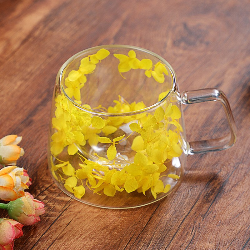 Copo de Vidro de Parede Dupla 200ml Transparente com Padrão de Flores Caneca de Chá Leite Café com Alça Presente para Amigos Copo de Água para Casa