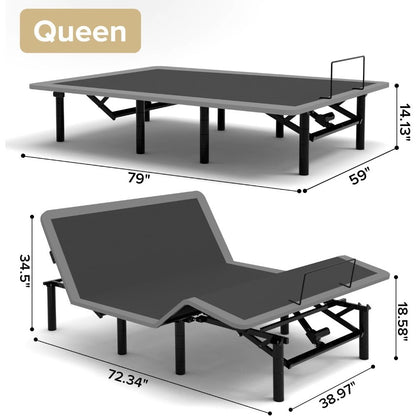 Bed Frame with Massage Head & Foot Incline Queen Adjustable Bed Frame with Remote & USB Ports, LED Light, 4 Height-Ad