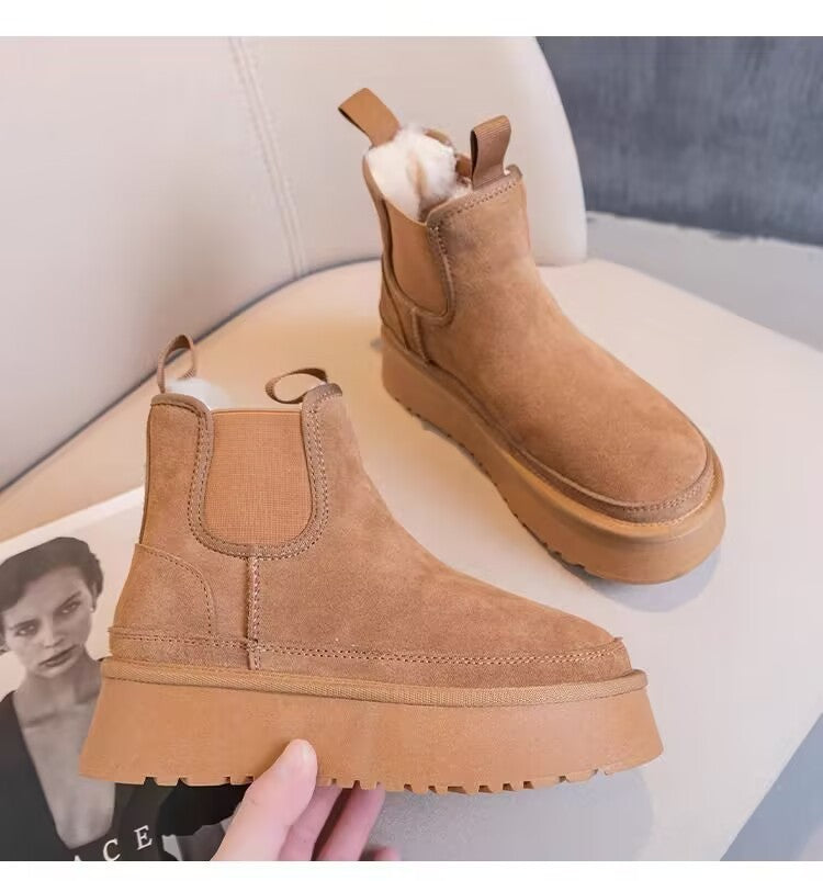 2024 Winter New Leather Thick Sole Chelsea Snow Boots Women's Fashion All-in-one Thick Fleece Warm Snow Cotton Shoes